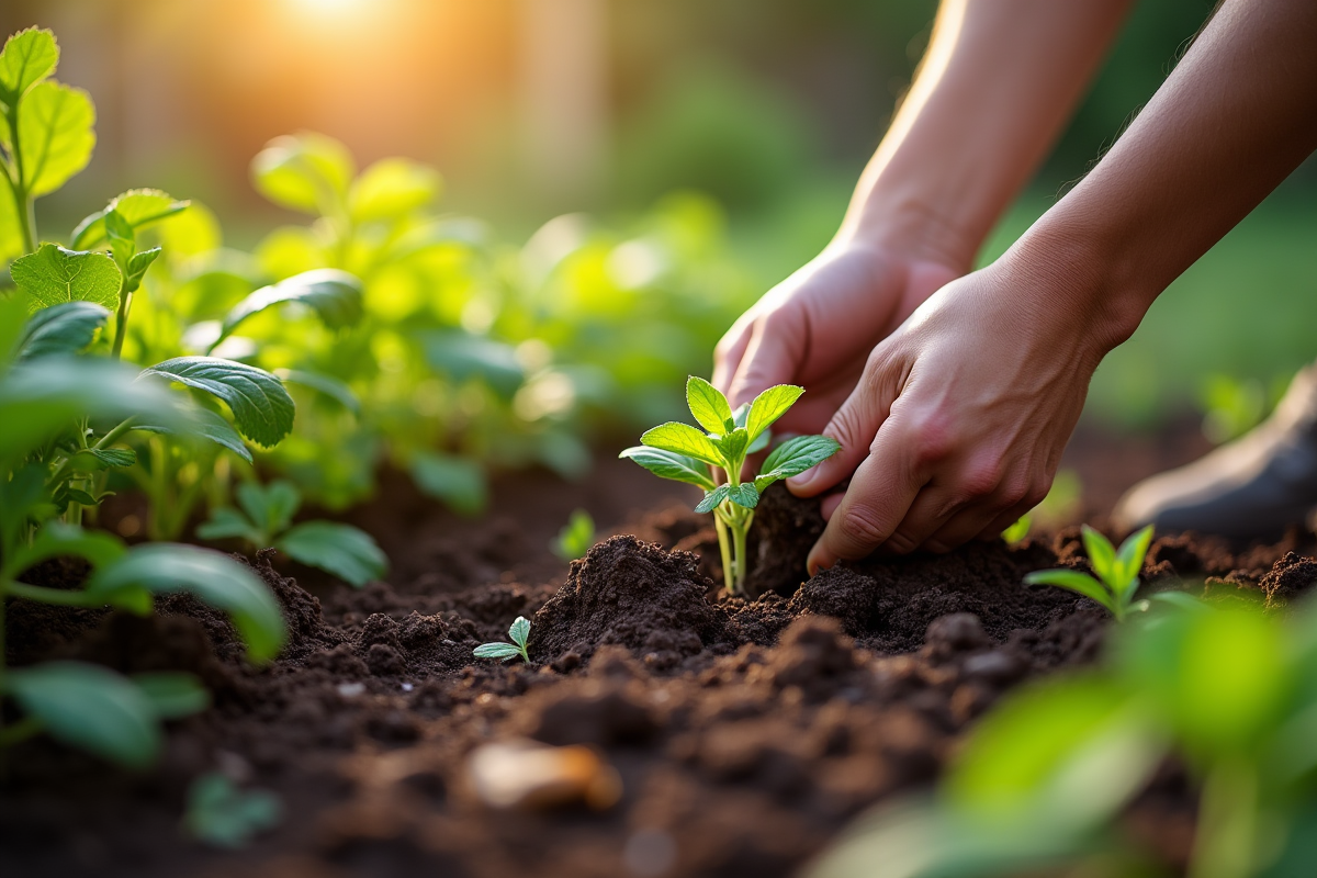 Jardinier plantant jeunes légumes dans un jardin ensoleille