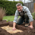 Homme d'âge moyen en vêtements de travail semant des graines dans un jardin