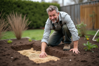Homme d'âge moyen en vêtements de travail semant des graines dans un jardin