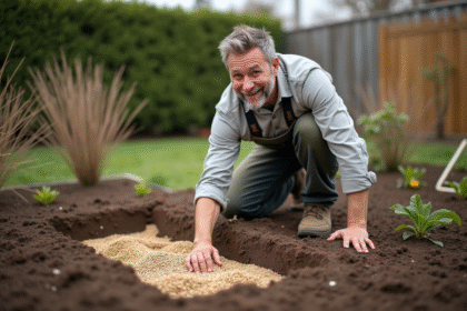 Homme d'âge moyen en vêtements de travail semant des graines dans un jardin