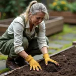 Jardinière qui analyse la texture du sol dans un jardin avec des bacs en bois et des pots en terre cuite