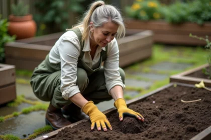 Jardinière qui analyse la texture du sol dans un jardin avec des bacs en bois et des pots en terre cuite