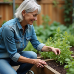 Femme de jardinage vérifiant la terre d'une grande plante en pot