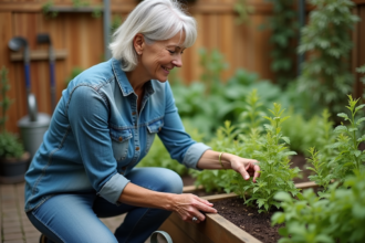 Femme de jardinage vérifiant la terre d'une grande plante en pot