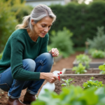 Femme jardiniere en jeans vert dans un jardin en été
