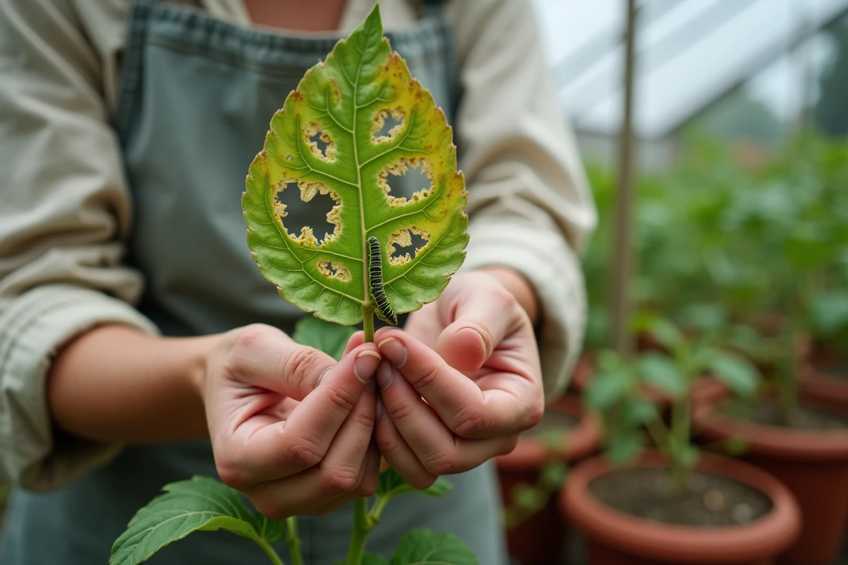 Jardinière inspectant une feuille de tomate endommagée par une chenille verte au potager