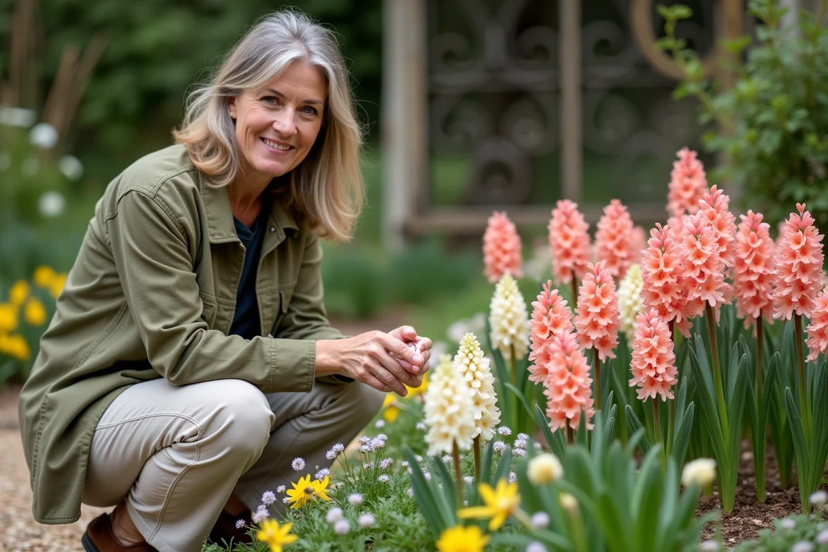 Jardinière agenouillée près d'un massif de jacinthes corail et ivoire associées à des narcisses nains et des myosotis dans un jardin de style cottage français