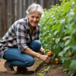 Femme jardiniere examine feuilles jaunes de tomate