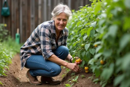 Femme jardiniere examine feuilles jaunes de tomate