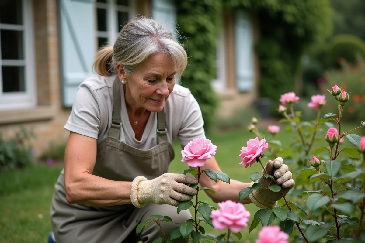 Jardinière agenouillée près d'un weigela rose associé à des rosiers dans un jardin de campagne devant une ferme française