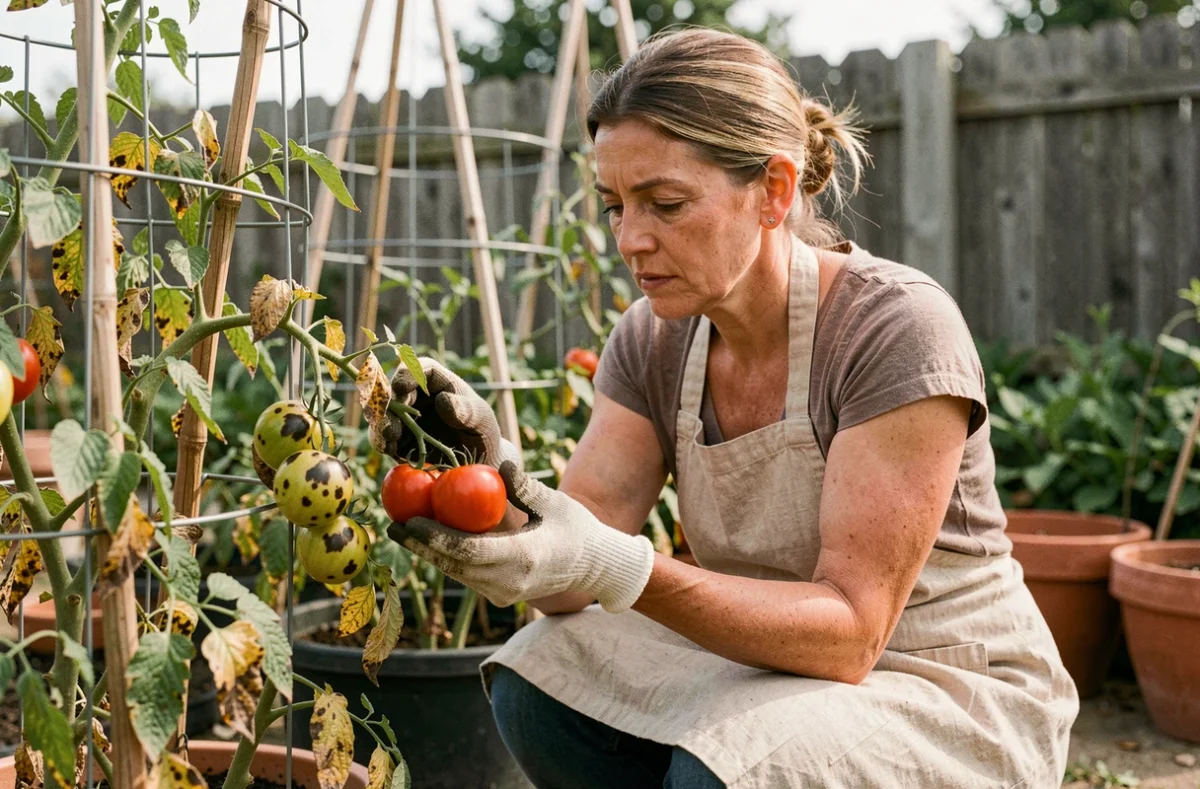Jardinière en tablier inspectant de près des plants de tomates atteints de taches noires dans un potager extérieur