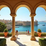 Vue panoramique des jardins Barrakka supérieurs à La Valette avec colonnade en pierre et vue sur le Grand Port de Malte