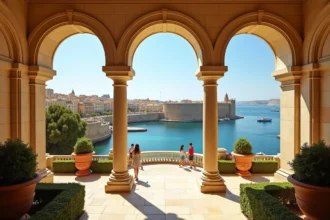 Vue panoramique des jardins Barrakka supérieurs à La Valette avec colonnade en pierre et vue sur le Grand Port de Malte