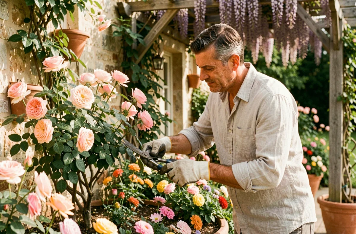Jardinier des Jardins De Federico taillant des rosiers dans un jardin de style cottage français