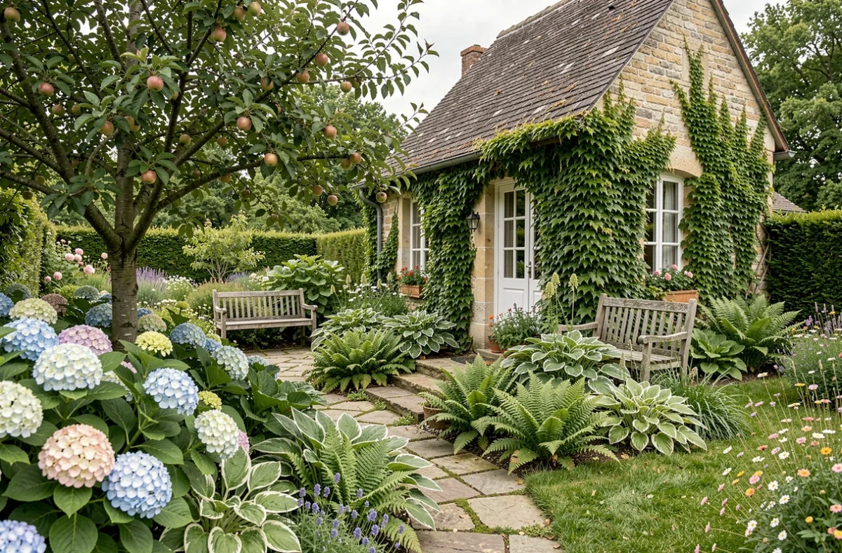 Jardin romantique aménagé par Jardins de la Charmeuse avec sentier en pierre et végétation luxuriante