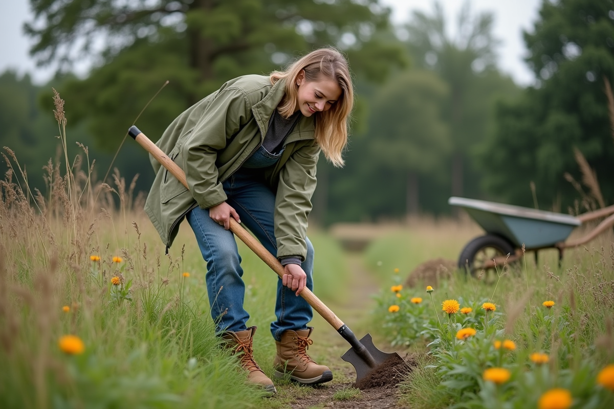 Jeune femme utilisant une houe pour désherber un pré fleuri