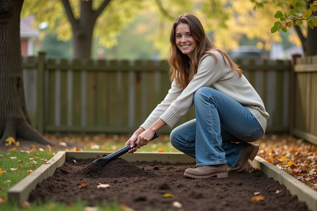 Jeune femme souriante utilisant un râteau dans un jardin en automne