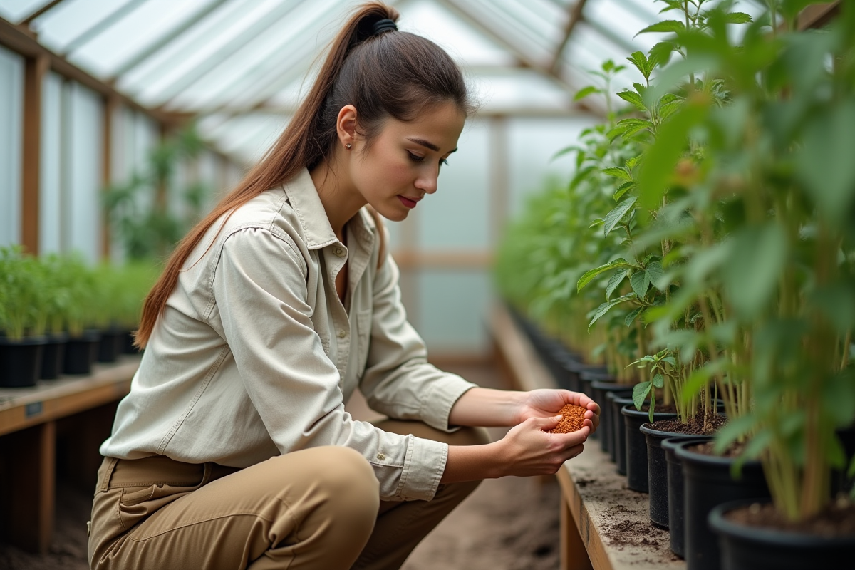 Jeune femme appliquant un fongicide dans une serre