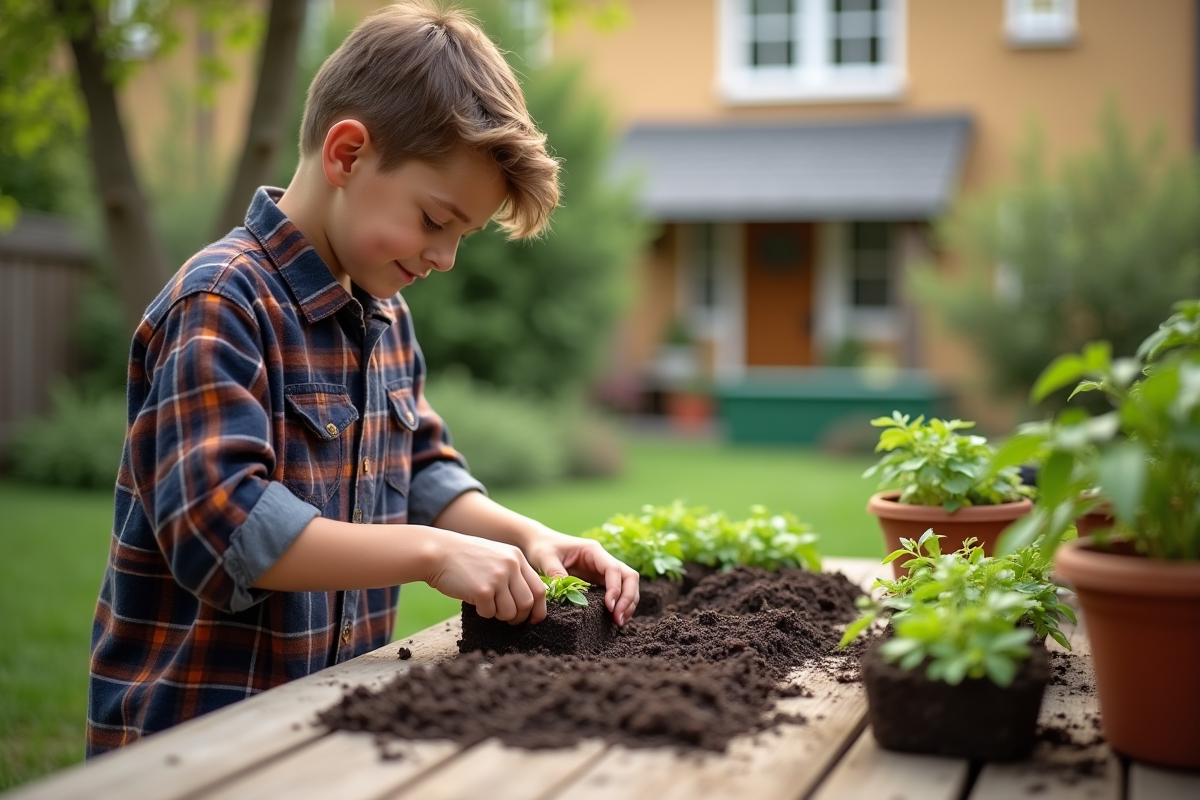 Jeune garçon plantant des graines de haricots dans des pots
