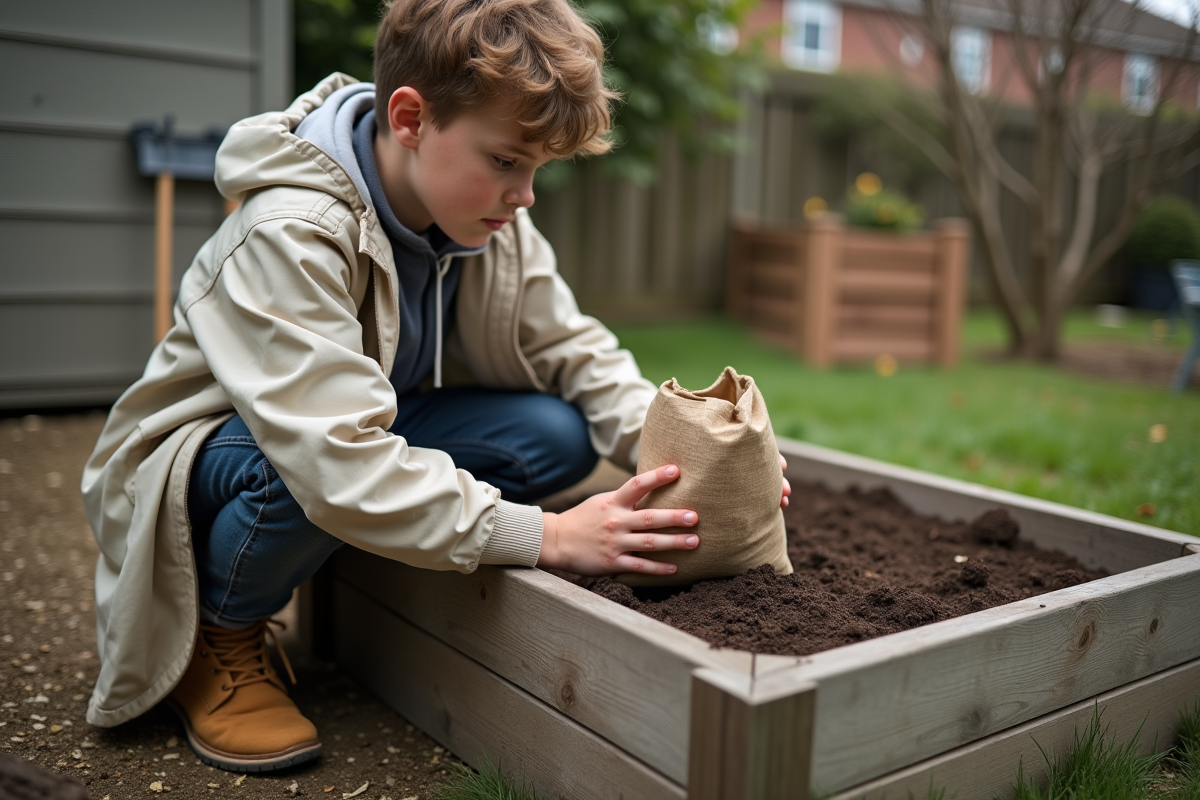Adolescent remplissant un bac à fleurs avec du terreau dans le jardin