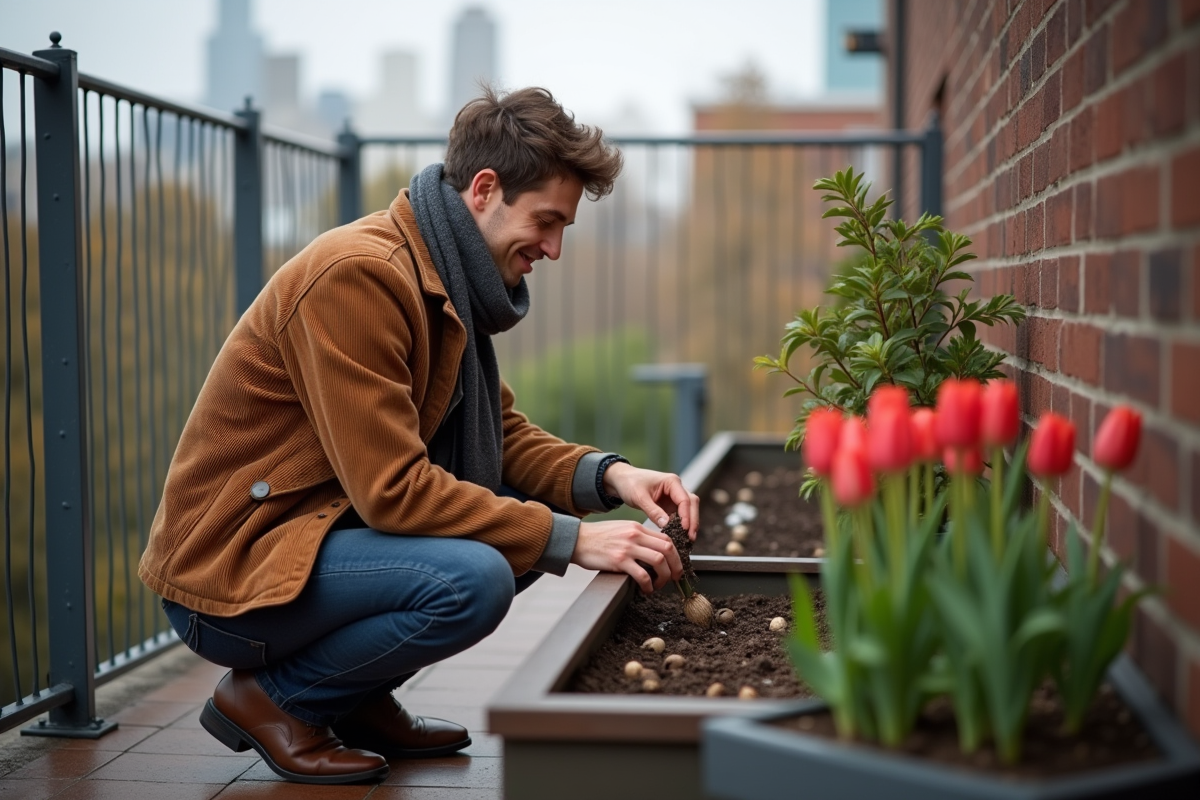 Jeune homme en veste corduroy plantant des tulipes sur un balcon urbain