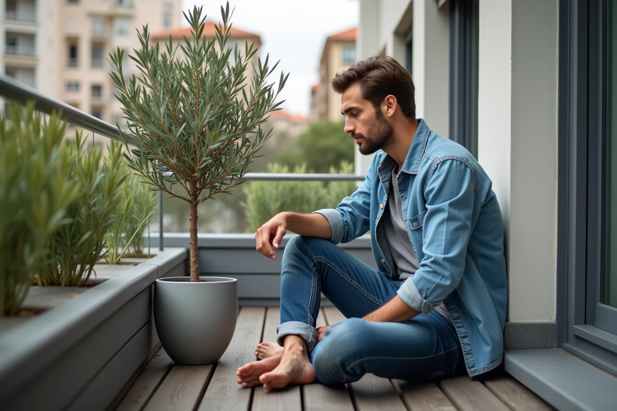 Jeune homme examine un olivier en pot sur un balcon urbain