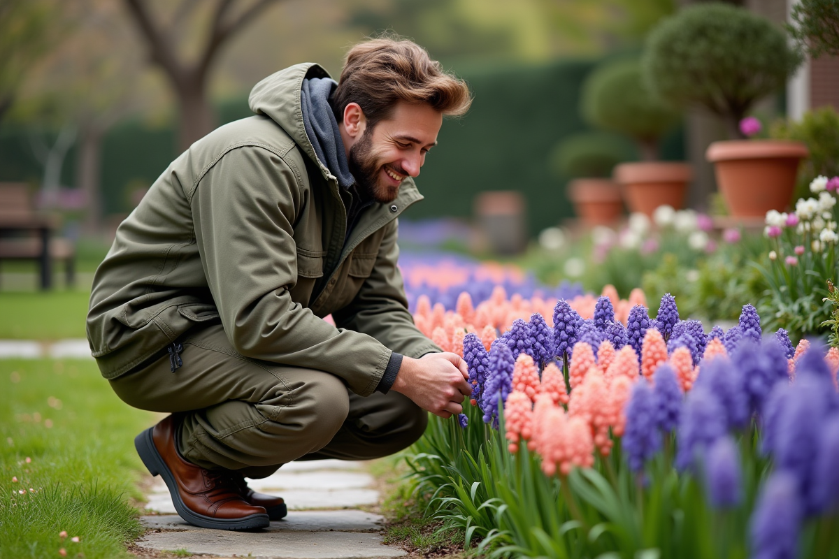 Jeune homme observant des hyacinthes en fleurs dans le jardin
