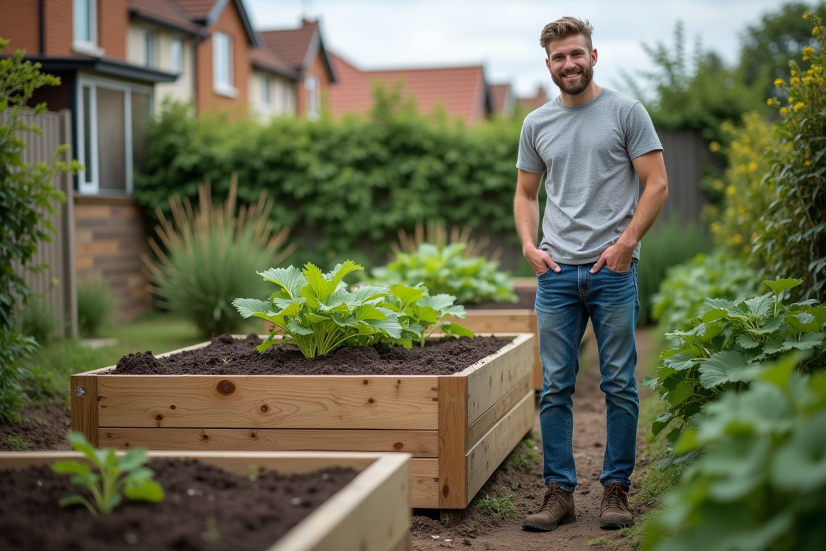 Jeune homme devant une nouvelle planche de jardinage