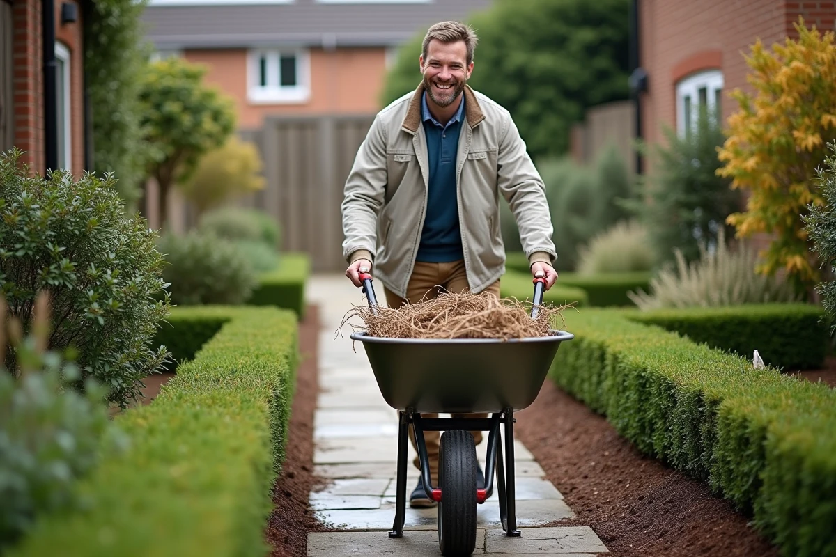 Jeune homme poussant une brouette dans le jardin
