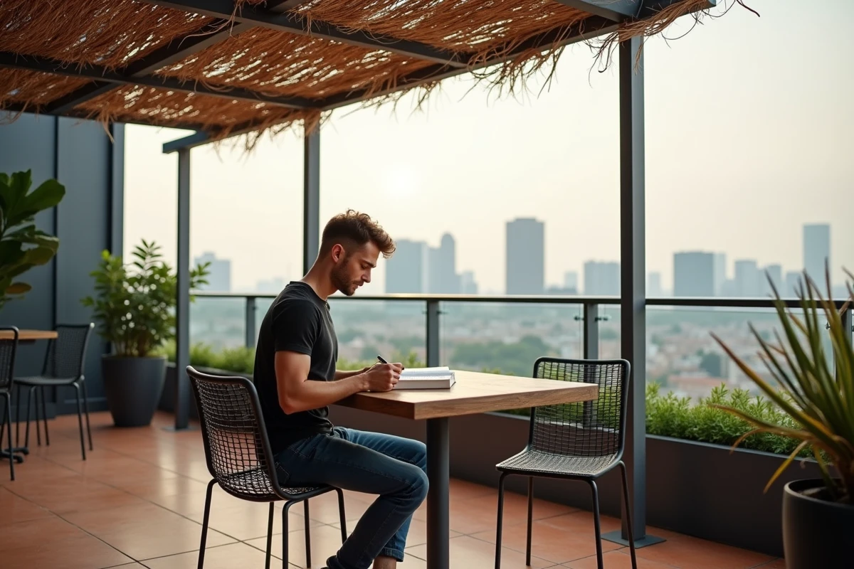 Jeune homme lisant sous pergola en reed sur balcon en ville