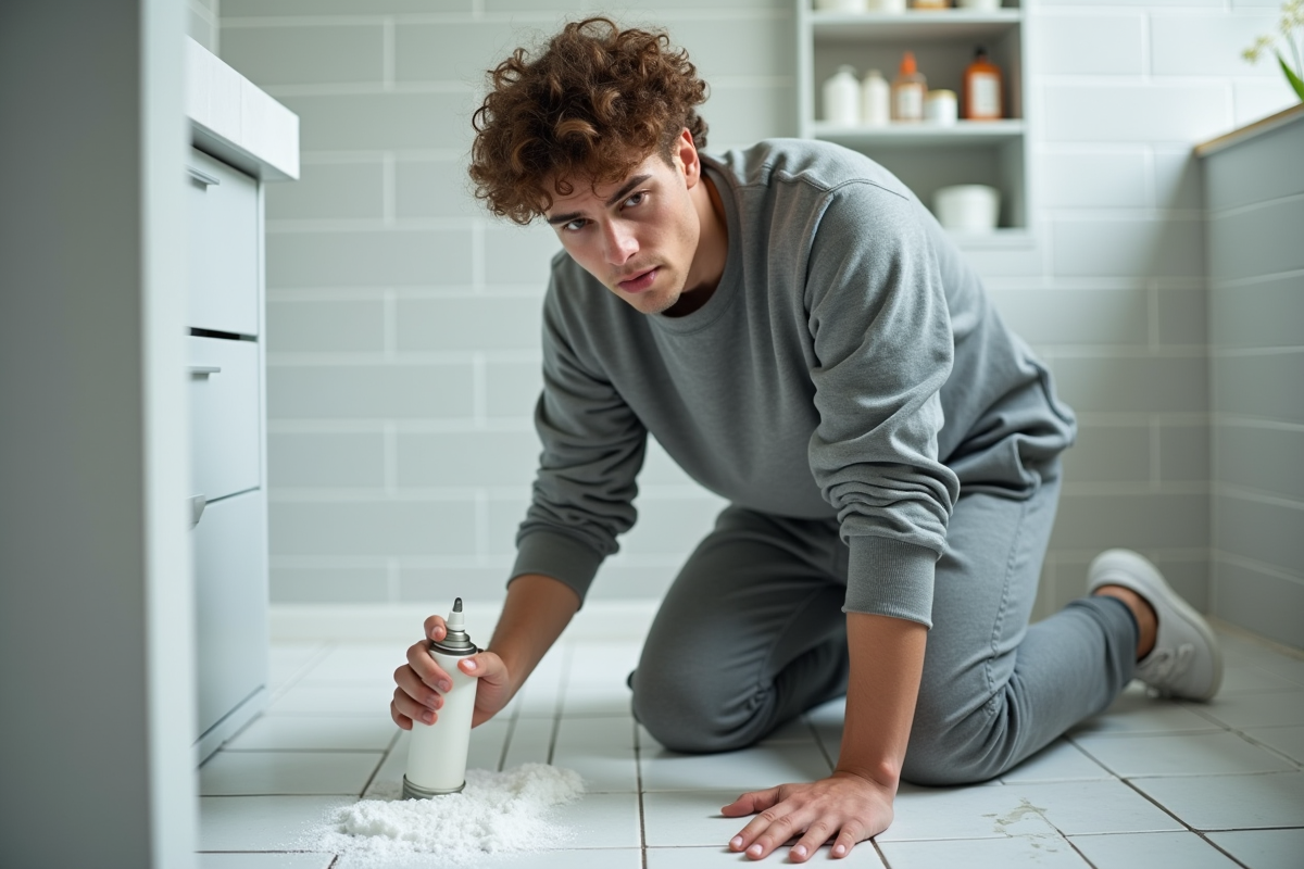 Jeune homme utilisant mousse pour nettoyer joints de salle de bain