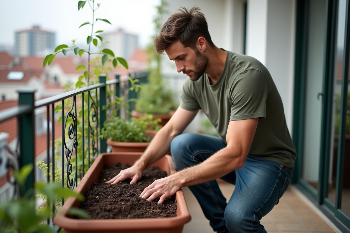 Jeune homme appliquant du mulch sur des plantes en pot sur un balcon urbain
