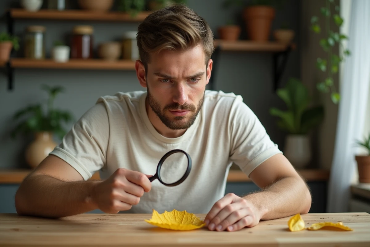 Jeune homme étudie une feuille de tomate avec loupe
