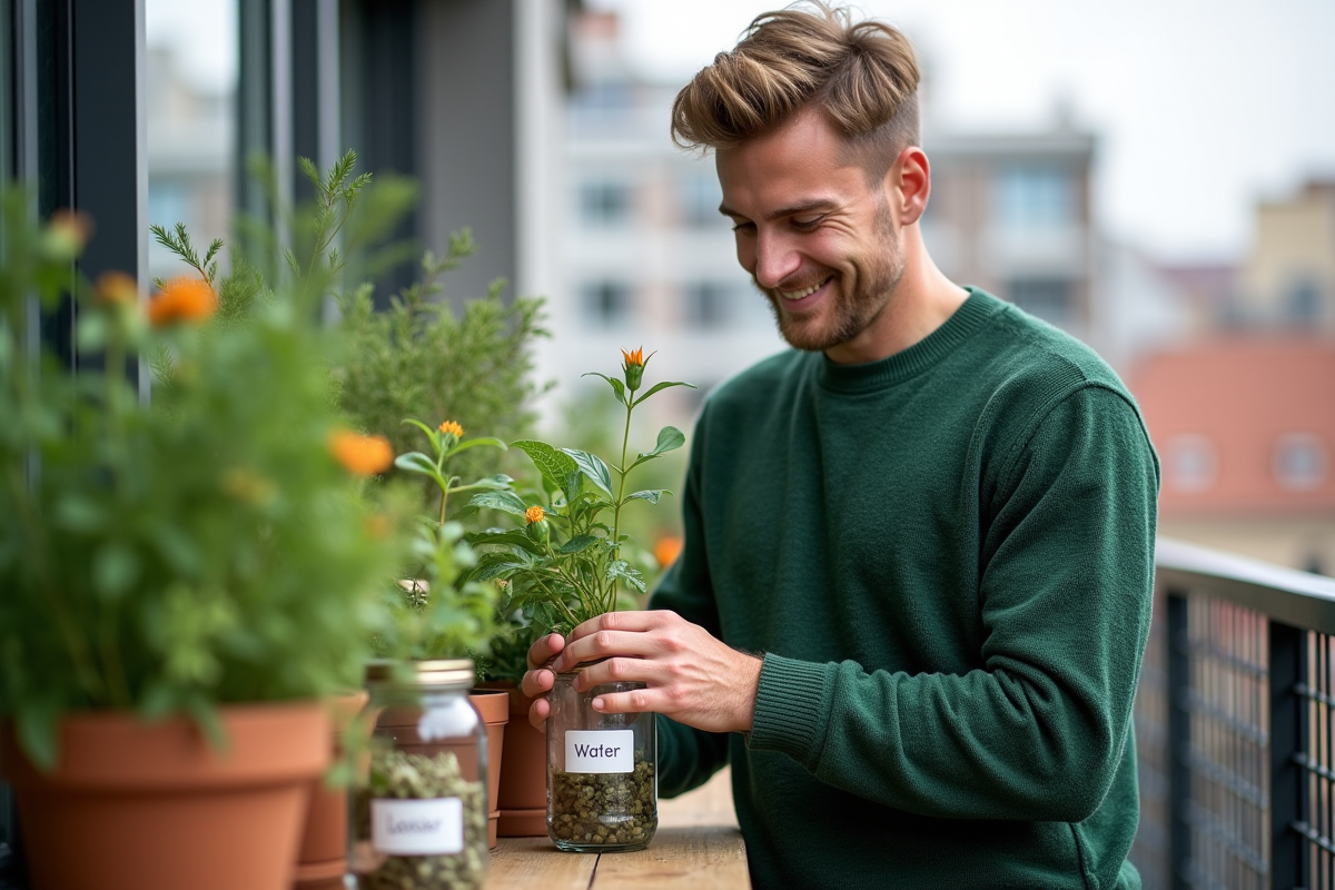 Jeune homme arrange des plantes sur un balcon urbain