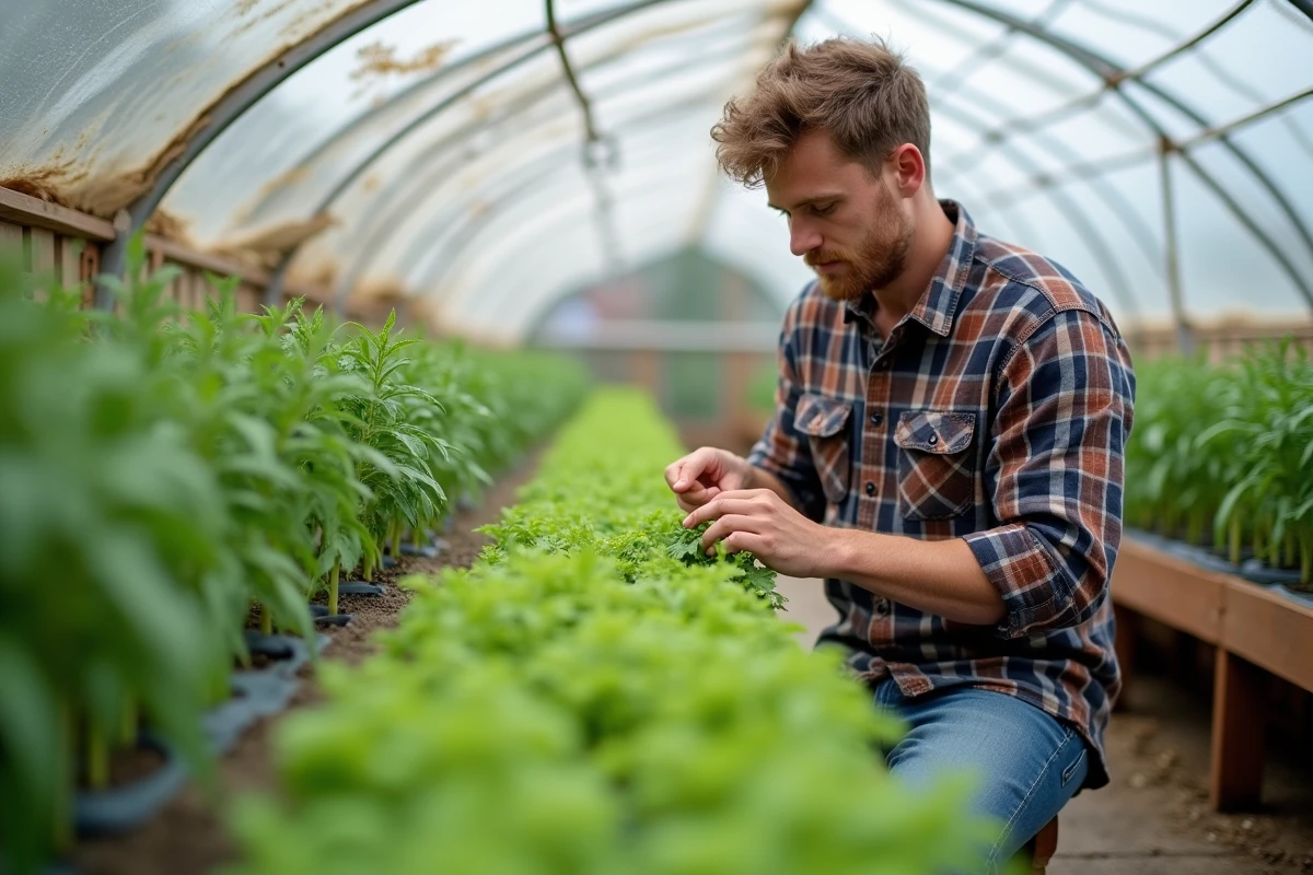 Jeune homme inspectant des semis de tomates en terrasse