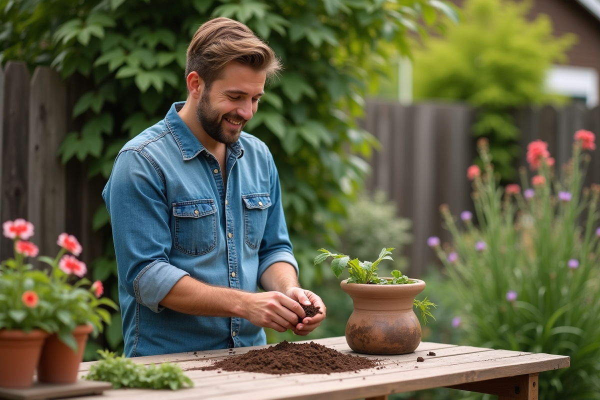 Jeune homme inspectant terreau dans jardin familial