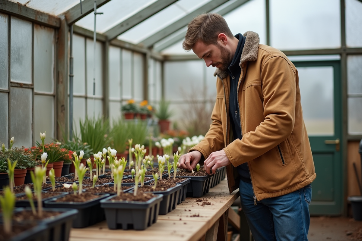 Jeune homme arrangeant des bulbes dans une serre lumineuse