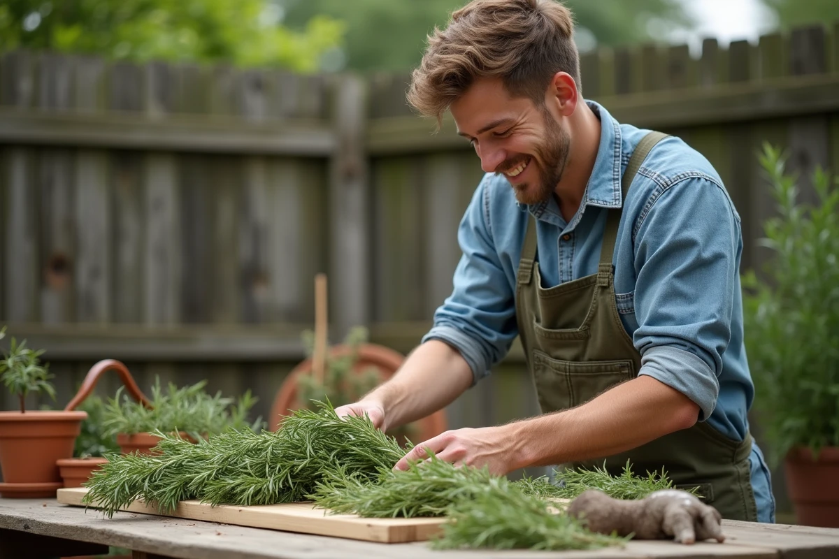 Jeune homme préparant du romarin sur une table extérieure