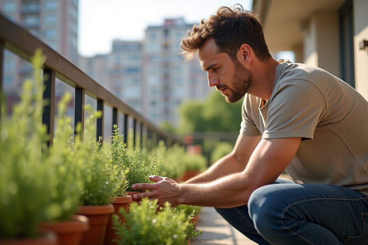 Jeune homme examinant thym sur balcon urbain