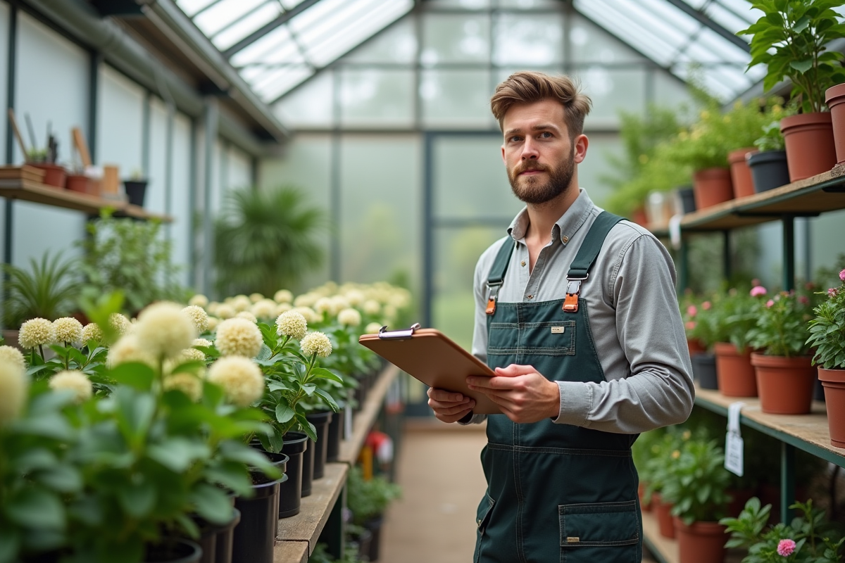 Jeune jardinier prenant des notes dans une serre lumineuse