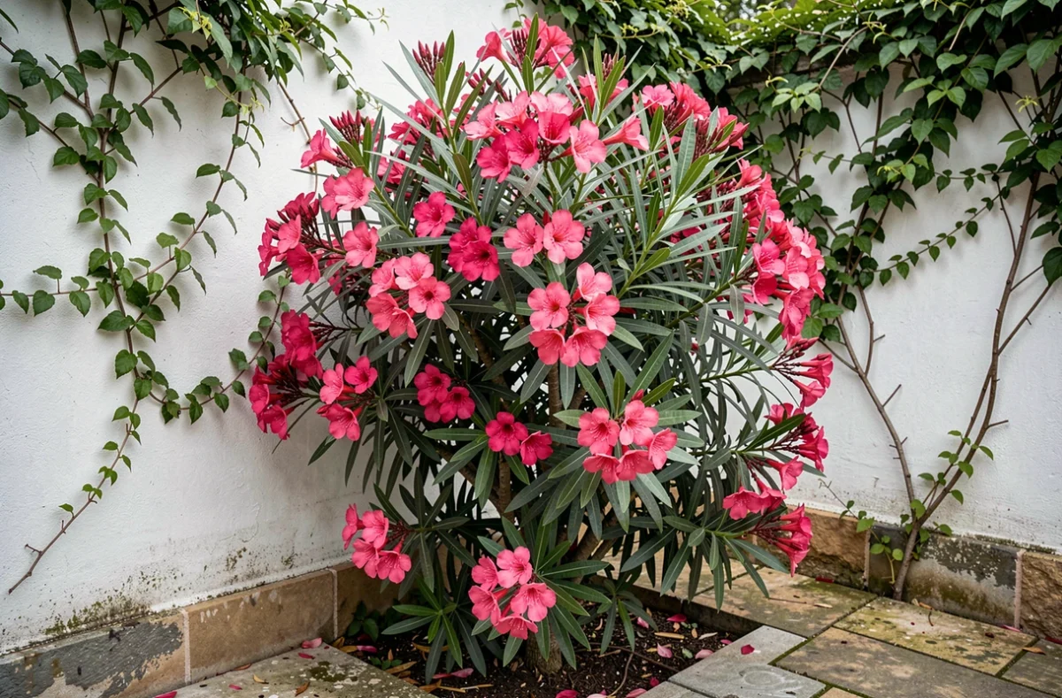 Laurier rose en pleine floraison après taille avec fleurs roses éclatantes sur un mur blanchi à la chaux dans un jardin