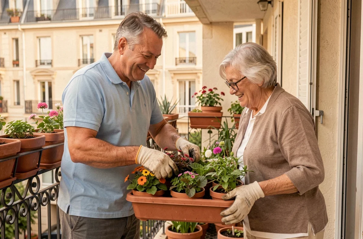 Intervenant Lebe Services aidant une personne âgée à entretenir ses plantes sur une terrasse dans les Hauts-de-Seine