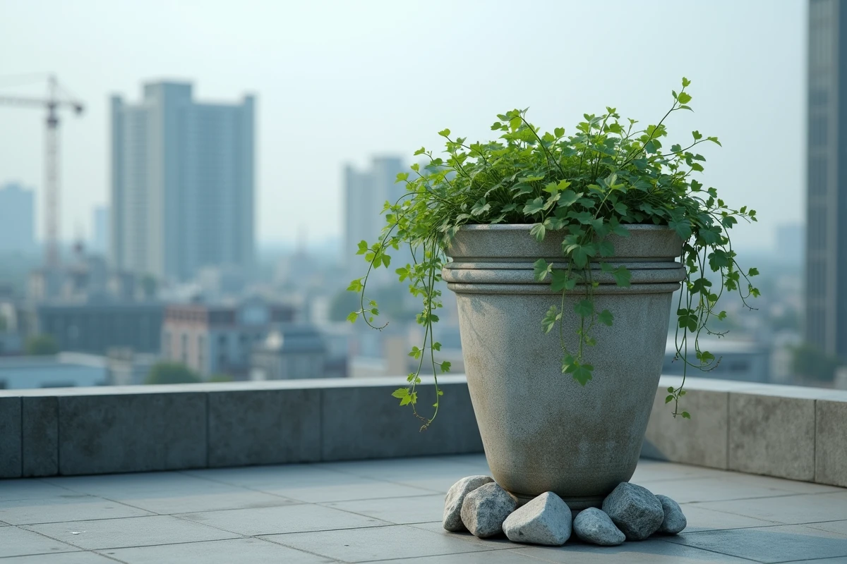 Pot de fleur béton de 100 cm lestés avec des pierres rivières sur une terrasse urbaine exposée au vent