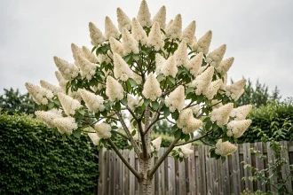 Lilas du Japon en pleine floraison dans un jardin avec grandes panicules blanc crème au sommet des branches
