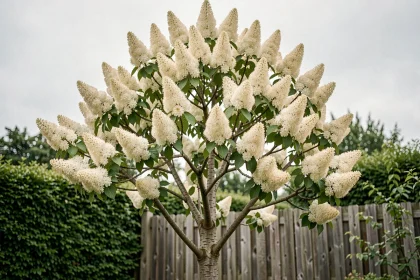 Lilas du Japon en pleine floraison dans un jardin avec grandes panicules blanc crème au sommet des branches