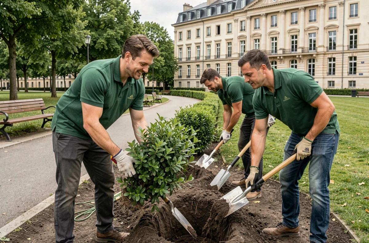 Équipe de LRS ESAT Atelier du Château plantant des arbustes dans un espace vert public des Hauts-de-Seine