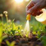 Main application de l'herbicide sur mauvaises herbes dans un jardin