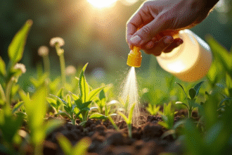 Main application de l'herbicide sur mauvaises herbes dans un jardin