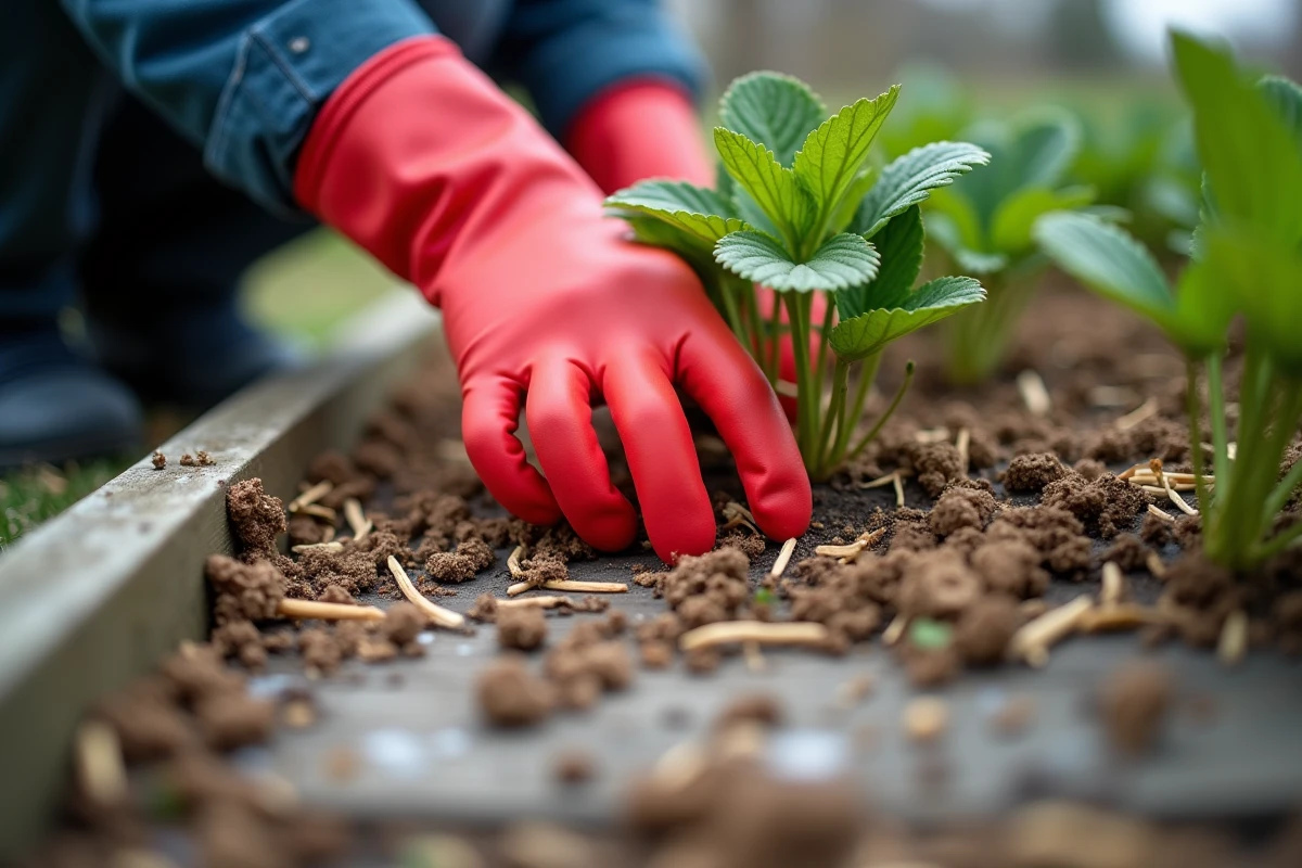 Mains en gants rouges étalant de la paille autour des fraisiers