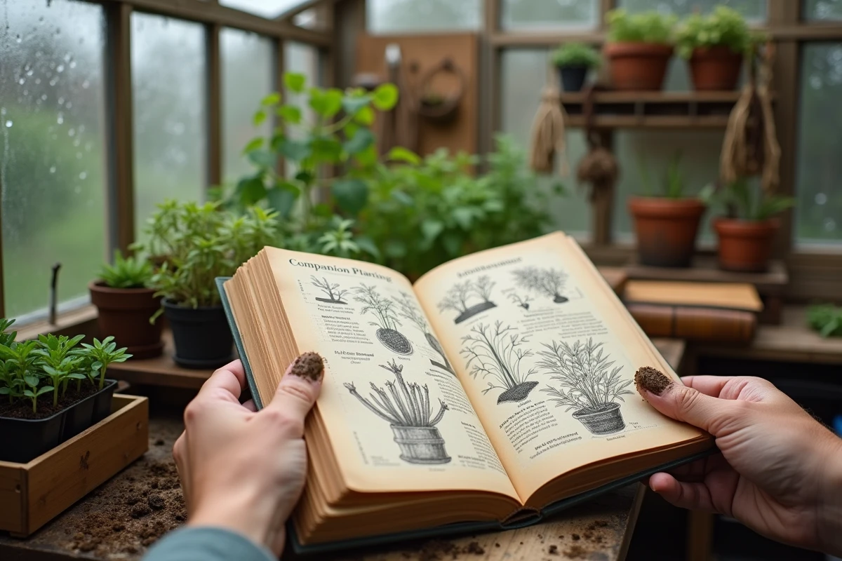 Mains de jardinier tenant un livre de permaculture ouvert sur des diagrammes de plantation dans une serre de jardin